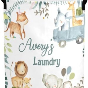 Personalized Laundry Baskets Bin, Safari Green Leaves Animals Laundry Hamper with Handles,Waterproof Clothes Hamper, Laundry Bin, Clothes Toys Storage Basket for Bedroom, Bathroom, College Dorm 50L