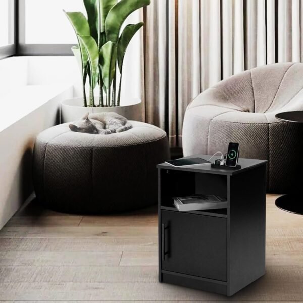 PrimeZone Modern Nightstand with 3 USB Ports -Waterproof Bedside Table with Cabinet & Open Storage, Night Stand with Charging Station, End Side Table Furniture for Bedroom, 16"D x 18"W x 24"H, Black - Image 8