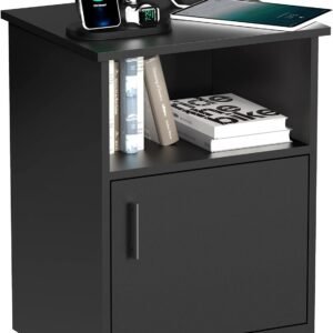 PrimeZone Modern Nightstand with 3 USB Ports -Waterproof Bedside Table with Cabinet & Open Storage, Night Stand with Charging Station, End Side Table Furniture for Bedroom, 16″D x 18″W x 24″H, Black