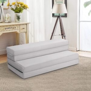 KOMFOTT Mattress 4 Inch Tri Folding Foam Mattress Twin XL Size with Removable Cover Convertible Portable Guest Sofa Bed Floor Camping Mattress, Gray