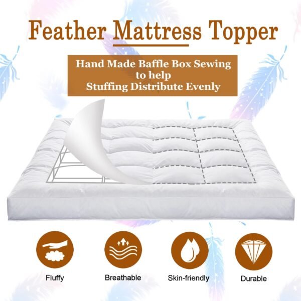 WhatsBedding 5 Inch Duck Feather Bed Mattress Topper Twin Size, 100% Thickened Cotton White Plaid Jacquard, 2500 GSM Overfilled Pillow Top, 39x75 in - Image 5