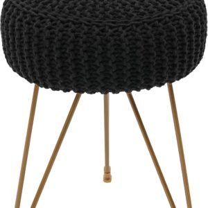 Round Boho Pouf Stool Ottoman, Hand Knitted Pouffe, Cotton Braided Cord Seat with Gold Metal Legs, Home Decor Foot Rest for Living Room, Bedroom (Black)