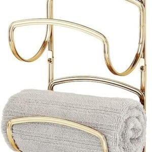mDesign Steel Towel Holder for Bathroom Wall – Wall Mounted Organizer for Rolled Towels and Bath Robes – Six Level Wall Mount Towel Storage Rack – Bathroom Towel Organizer, Hyde Collection, Soft Brass