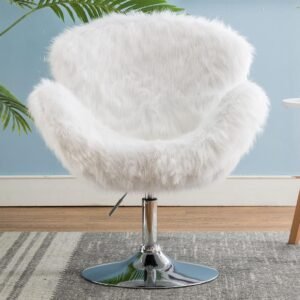 Kmax Faux Fur Accent Chair, Height Adjustable Plush Vanity Stool for Bedroom, Shaggy Dog Shell Chair for Dorm/Living Room, White