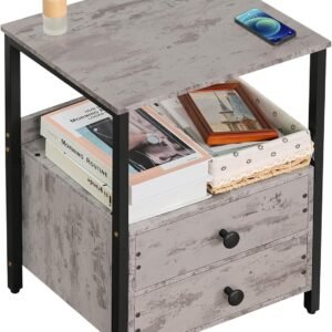 Lerliuo Nightstand, Side Table, Industrial Bedside Table with 2 Drawers and Open Shelf, Grey Night Stand, End Table with Steel Frame for Bedroom, Dorm, Gray/Black 23.6”H