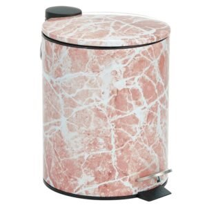 mDesign Metal 1.3 Gallon/5 Liter Round Step Trash Wastebasket, Garbage Container Bin with Lid for Bathroom, Powder Room, Bedroom, Kitchen, Craft Room, Office – Removable Liner Bucket – Pink Marble