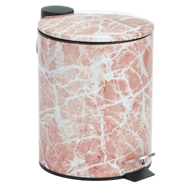 mDesign Metal 1.3 Gallon/5 Liter Round Step Trash Wastebasket, Garbage Container Bin with Lid for Bathroom, Powder Room, Bedroom, Kitchen, Craft Room, Office - Removable Liner Bucket - Pink Marble