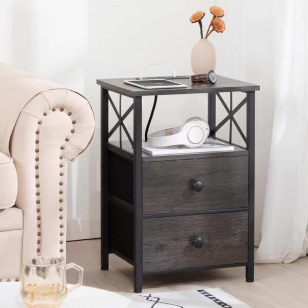 AMHANCIBLE Night Stand Set 2, Nightstand with Charging Station, End Tables Living Room with USB Ports and Outlets, Bedside Tables with Fabric Drawers for Bedroom, Dark Grey HET05XDG - Image 4