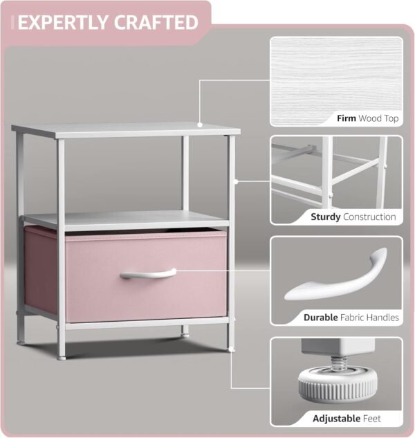 Sorbus 1 Drawer Shelf Storage Nightstand - Kids Bedside Furniture End Table Night Stand with Steel Frame Wood Top & Easy Pull Fabric Bins. Dresser & Chest for Home Bedroom Accessories Office & College - Image 4