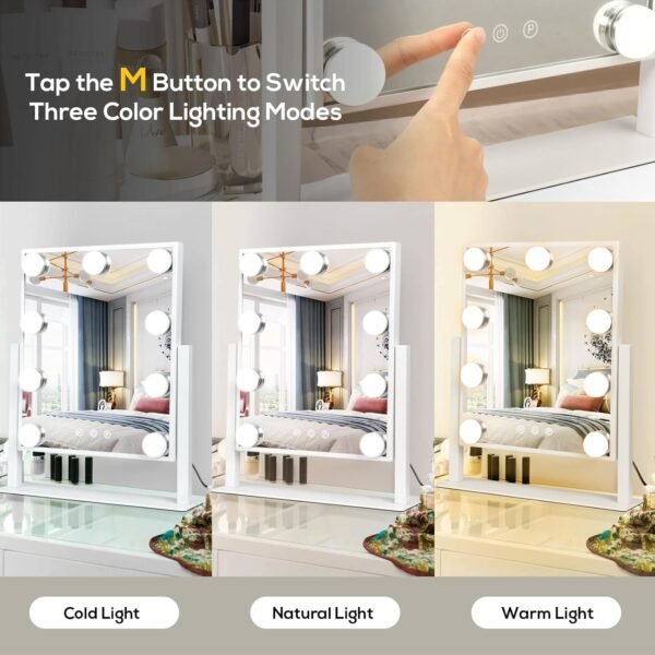 Hollywood Vanity Mirror with Lights, Tabletop Makeup Mirror with 9 LED Lights, 3 Colors Dimmable Touch Control Lighted Makeup Mirror with Lights, 360°Rotation - Image 4