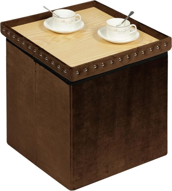B FSOBEIIALEO Storage-Ottoman Cube-Folding Tufted - Ottomans with Storage, Coffee Table Top Cover, Toy Chest Storage Boxes Footrest stool for Bedroom, Luxury Velvet Fabric 15.7 Inches Brown