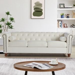Tufted Velvet Sofa Couch for Living Room, Rolled Arm 3-Seater Sofa Couch with Nailhead Trim and 2 Neck Roll Pillows, Small Apartment Chesterfield Sofa
