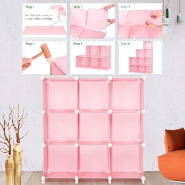 TomCare Cube Storage Organizer 9-Cube Closet Organizer and Storage Shelves Bookshelf Cubes Organizer Plastic Book Shelf Bookcase DIY Square Closet Cabinet Shelves for Bedroom Office, Pink - Image 4