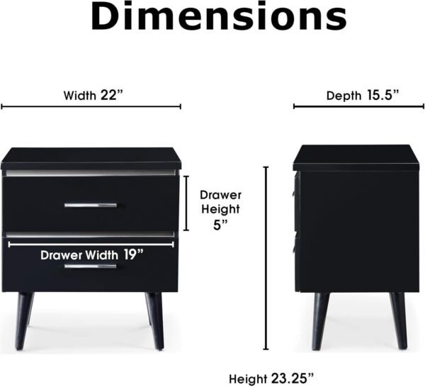 Lennox Mid-Century Side Table 2 Drawers Storage Nightstand, Matte Chrome Handle, Black - Image 3