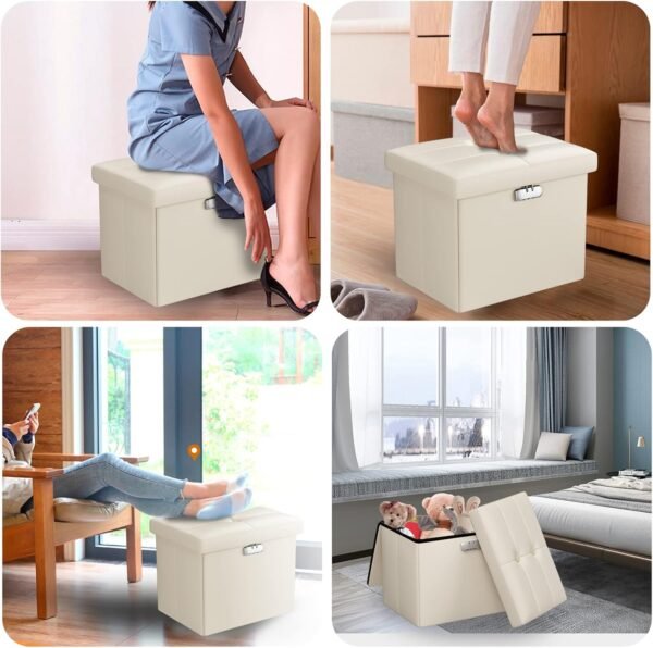 Tamfile Ottoman with Storage, Folding Storage Ottoman with Lock, Vanity Chair with Storage, Fireproof Waterproof Foot Rest Stool with Storage,17 Inches Short Ottoman, Ottoman for Living Room (Beige) - Image 8