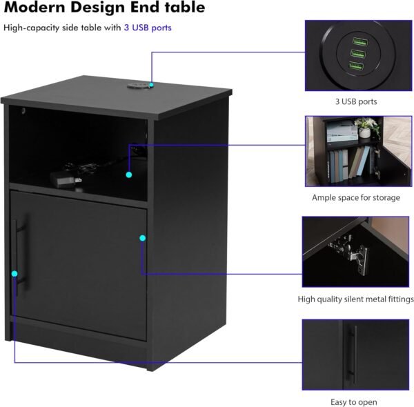PrimeZone Modern Nightstand with 3 USB Ports -Waterproof Bedside Table with Cabinet & Open Storage, Night Stand with Charging Station, End Side Table Furniture for Bedroom, 16"D x 18"W x 24"H, Black - Image 6