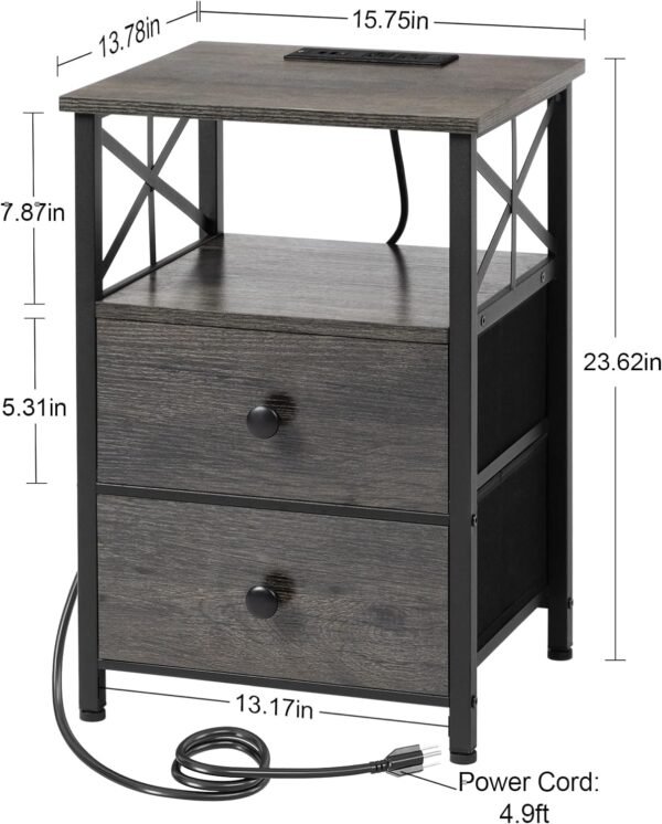 AMHANCIBLE Night Stand Set 2, Nightstand with Charging Station, End Tables Living Room with USB Ports and Outlets, Bedside Tables with Fabric Drawers for Bedroom, Dark Grey HET05XDG - Image 3
