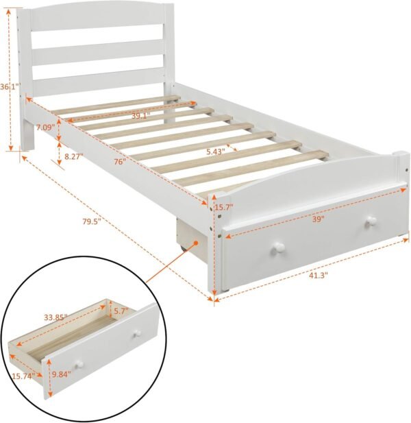 P PURLOVE Platform Twin Bed Frame with Storage Drawer and Wood Slat Support No Box Spring Needed, White - Image 2
