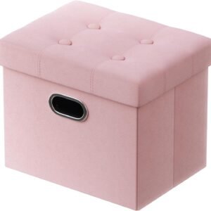 PRANDOM Ottoman with Storage [1-Pack] Velvet Folding Small Square Foot Stool with Lid for Living Room Bedroom Coffee Table Dorm Pink 17x13x13 inches
