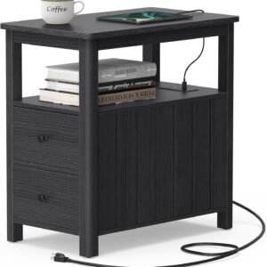 VASAGLE Side Table with Charging Station, Narrow Nightstand with 2 Drawers, Living Room End Table with Storage, for Small Spaces, Coastal Style, Charcoal Gray ULET322B22