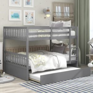 OUYESSIR Full Over Full Bunk Bed with Trundle, Solid Wood Bunk Beds Convertible to 2 Full Size Platform Beds, with Twin Size Trundle Bed Frame and Safety Guard Rail, Grey