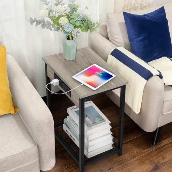 melos Nightstands with Charging Station, 2 Tier Bedside Table with USB Ports and Outlets, Narrow End Table with Storage Shelf, Side Tables for Bedroom, Living Room, Gray - Image 2