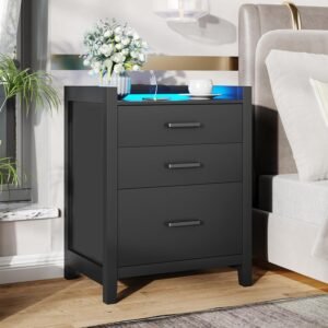 DICTAC Night Stand with Charging Station and LED Lights, Modern End Side Table with 3 Drawers, Nightstand with USB Ports and Outlets, Bedside Table for Bedroom, Black