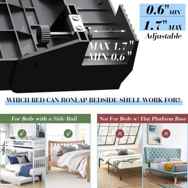Ronlap Folding Bedside Shelf, Bunk Bed Shelf Organizer for Top Bunk Clip On Nightstand for Loft Bed Plastic Bedside Shelf Tray for Kids with Cupholder Hooks Hanging Cup, Plus Size, Black - Image 2