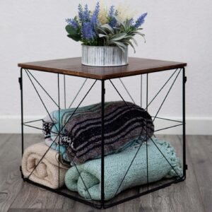 Square Folding Wire Basket for Blankets Storage Side Table Blanket Basket Metal and Wood Wire Blanket Basket with Lid
