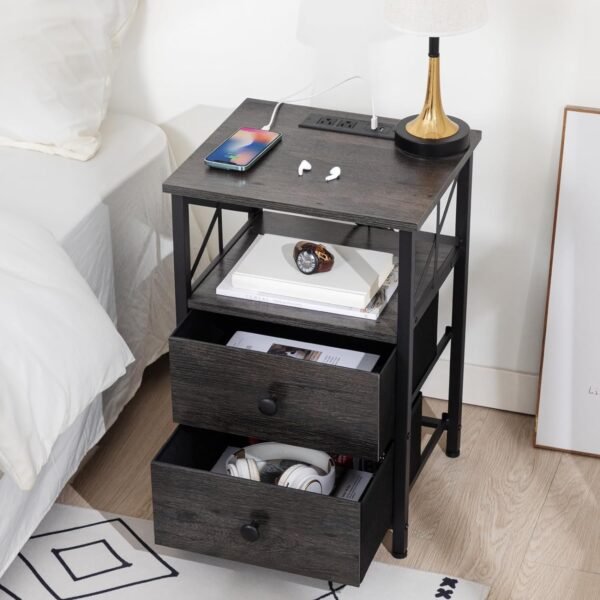 AMHANCIBLE Night Stand Set 2, Nightstand with Charging Station, End Tables Living Room with USB Ports and Outlets, Bedside Tables with Fabric Drawers for Bedroom, Dark Grey HET05XDG - Image 2