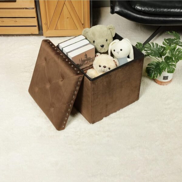 B FSOBEIIALEO Storage-Ottoman Cube-Folding Tufted - Ottomans with Storage, Coffee Table Top Cover, Toy Chest Storage Boxes Footrest stool for Bedroom, Luxury Velvet Fabric 15.7 Inches Brown - Image 2