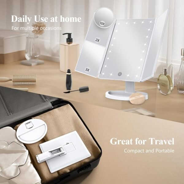 Makeup Mirror Vanity Mirror with Lights, 2X 3X 10X Magnification, Lighted Makeup Mirror, Touch Control, Trifold Makeup Mirror, Dual Power Supply, Portable LED Makeup Mirror, Women Gift (White) - Image 5