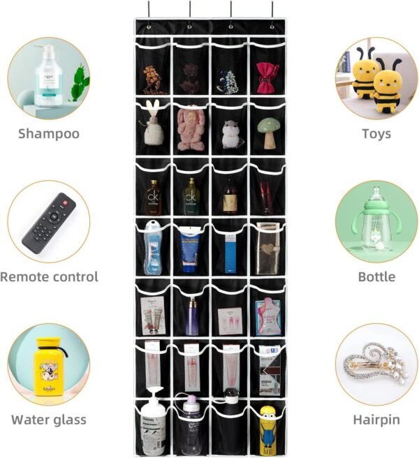 28 Pockets Over the Door Shoe Organzier, Hanging Shoe Organizer for Door Large Capacity Shoe Storage Bag with 4 Metal Hooks (Black-1Pack) - Image 7