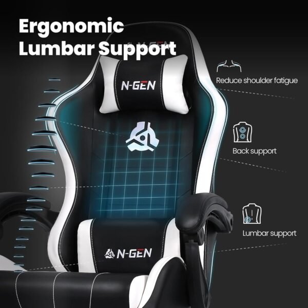 N-GEN GAMING Video Gaming Chair with Footrest High Back Ergonomic Comfortable Office Computer Desk with Lumbar Support Height Adjustable with PU Leather Recliner for Adults Women Men (White) - Image 4