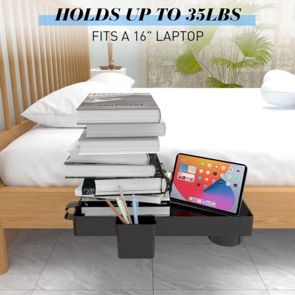 Ronlap Folding Bedside Shelf, Bunk Bed Shelf Organizer for Top Bunk Clip On Nightstand for Loft Bed Plastic Bedside Shelf Tray for Kids with Cupholder Hooks Hanging Cup, Plus Size, Black - Image 3