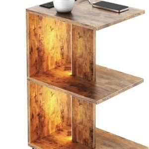 Wooden Nightstand with Charging Station & Led Lights, 3 Tier End Table with Wheels Storage Shelves, Sturdy Bedside Tables Side Table for Living Room Bedroom Home Office, Easy Assembly, Rustic Brown