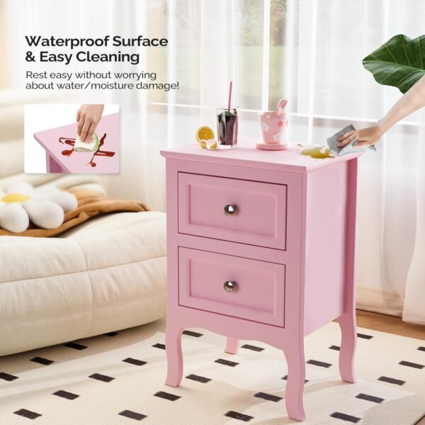Bonnlo Nightstand with 2 Drawers, Night Stands for Bedrooms, Small Bed Side Table/White Night Stand with drawers for Small Spaces, College Dorm, Kids’ Room, Living Room, French, 16W x 12D x 24H, Pink - Image 6