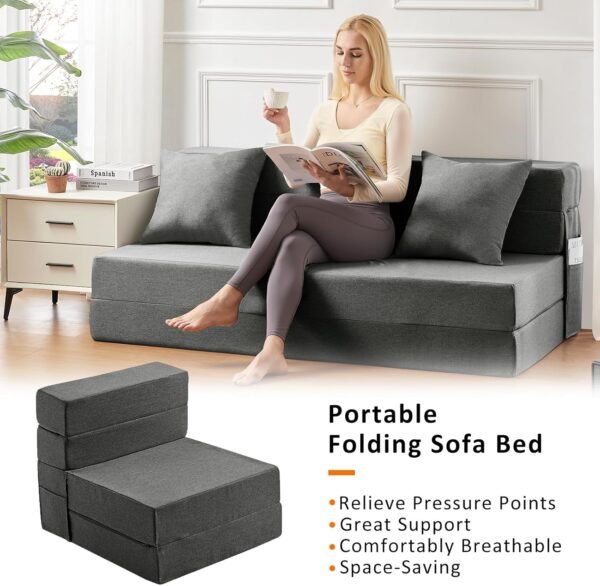 Single Size Folding Lazy Sofa Bed - Convertible Floor sofa with Two Large Pockets Lounge Chaise - Memory Foam Floor mattress Foldable for Living Room/Dorm/Guest/Home Office/Apartment (Dark Grey) - Image 4