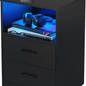 PrimeZone LED Nightstand with Charging Station – Modern Night Stand End Side Table with USB Ports & Outlets, Wooden Bedside Table with 2 Drawers & Open Storage, LED Lights for Bedroom, Black