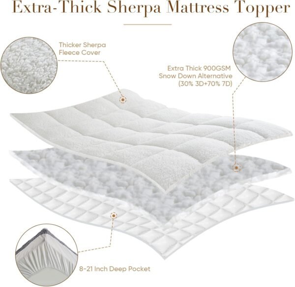 Twin XL Mattress Topper for Single Bed, Cymula Sherpa Mattress Pad for College Dorm Bed 2inch Extra Thick Mattress Cover with 900GSM Down Alternative Soft Pillow Top with 8-21" Deep Pocket, 39x80in - Image 7