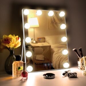 10″x 12″ Vanity Mirror with Lights, Hollywood Lighted Makeup Mirror with 3 Color Modes and 12 Dimmable Diamond LED Light Bulbs, Touch Control for Bedroom, White