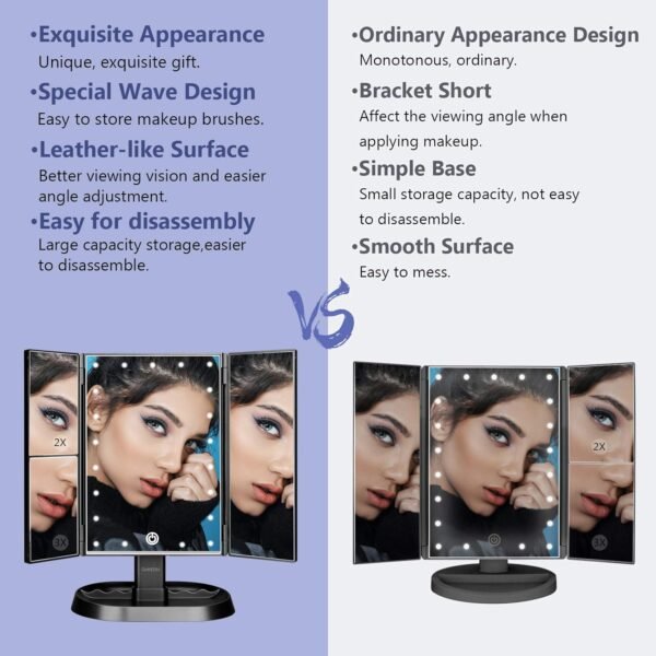 deweisn Trifold Lighted Vanity Makeup Mirror with 21 LEDs Lights,1x/2x/3x Magnification and Touch Screen Dimming,Two Power Supplies Makeup Mirror, Gift for Women - Image 6