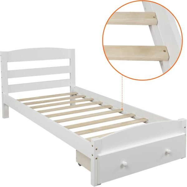 P PURLOVE Platform Twin Bed Frame with Storage Drawer and Wood Slat Support No Box Spring Needed, White - Image 7