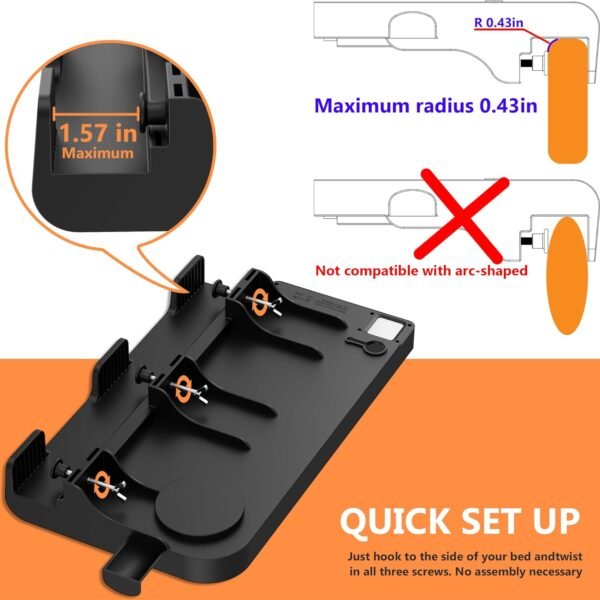 Bedside Shelf with USB Charging Port, Bunk Bed Shelf Organizer for Top Bunk, College Dorm Room Essential Clip On Nightstand Tray with Cup Holder, AC Outlets and Night Light, Plus Size, Black - Image 4