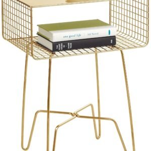 mDesign Steel Side Table Nightstand with Storage Shelf Basket for Bedroom, Living Room, Home Office; Rustic Bedside End Table, Industrial Modern Accent Furniture – Concerto Collection – Soft Brass