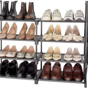 4 Tier Shoe Rack, 16-20 Pairs Narrow Expandable & Stackable Shoe Storage Organizer, Sturdy Vertical Shoe Shelf for Closet, Entryway, Garage, College Dorm and Bedroom (Black)