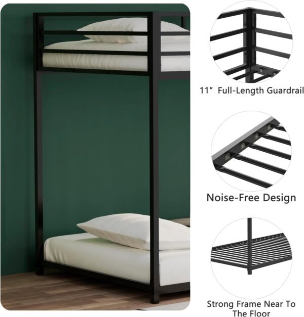 Twin over Twin Metal Bunk Bed with Ladder/Slats Support/Safety Guardrail for Childs Adults Teens,Weight Capacity 400 lbs(Lower)/350 lbs(Upper),Black - Image 5