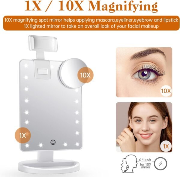 Lighted Makeup Vanity Mirror with Phone Holder and 10X Magnifying Mirror, 21 LED Lighted Mirror with Touch Sensor Dimming, 180°Adjustable Rotation, Dual Power Supply, Portable Cosmetic Mirror - Image 2