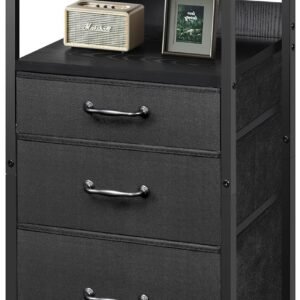 Nightstand, Bedside Table with 3 Fabric Drawers, Side Table with Open Shelf, End Table with Steel Frame,3 Drawer Dresser for Bedroom, Entryway, College Dorm, Easy Assembly,Black