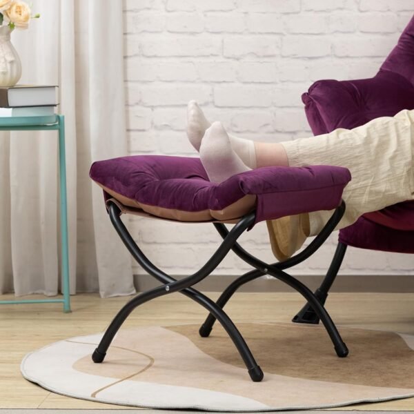 AcozyHom Modern Fabric Lazy Chair and Folding Footrest Stool Set, Accent Contemporary Lounge Chair and Portable Ottoman, Steel Frame Leisure Sofa Chair and Metal Cotton Footstool, Deep Purple - Image 8